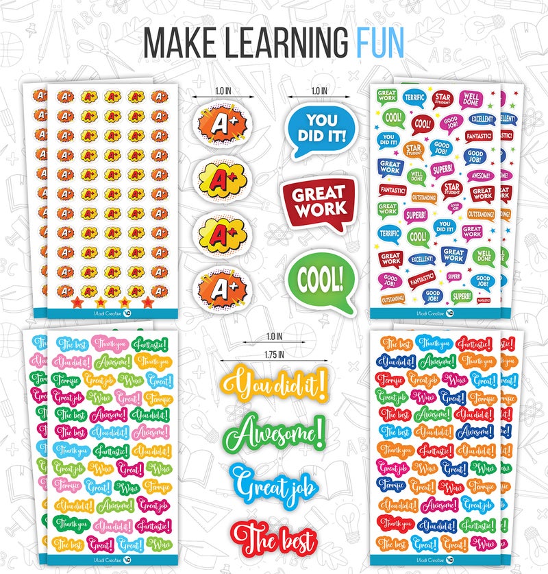 Vladi Creative Teacher Reward Stickers - 1380 Pcs, 22 Sheets of Premium Reward Stickers, Colorful, Fun Designs to Inspire and Motivate Kids & Students, Perfect for Classroom & Homeschool Incentives - Image 3